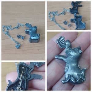 Pewter Cat Necklace Butterflies Earrings Set Trinket Box Jewelry Vintage